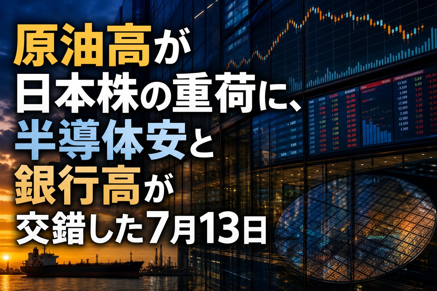 東京市場と原油・半導体の動きを表すイメージ。