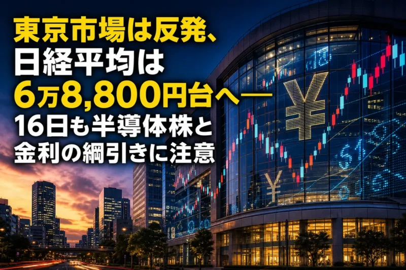 夕暮れの東京金融街と市場チャートのイメージ。