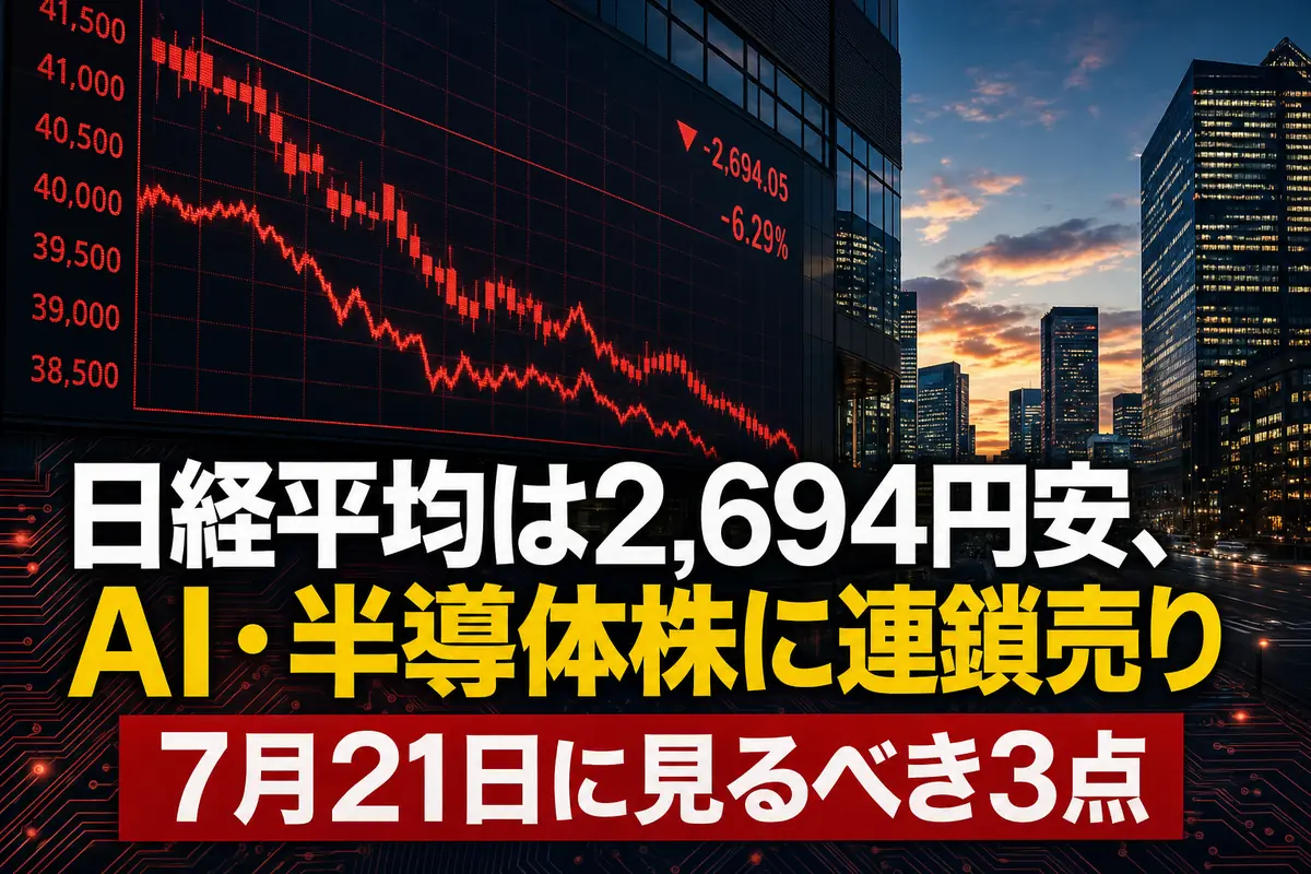 下落する日本株市場と半導体関連株をイメージした市場ボード。