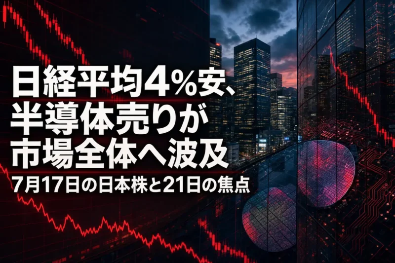 下落する株価チャートと東京の金融街を重ねた市場概況のイメージ。
