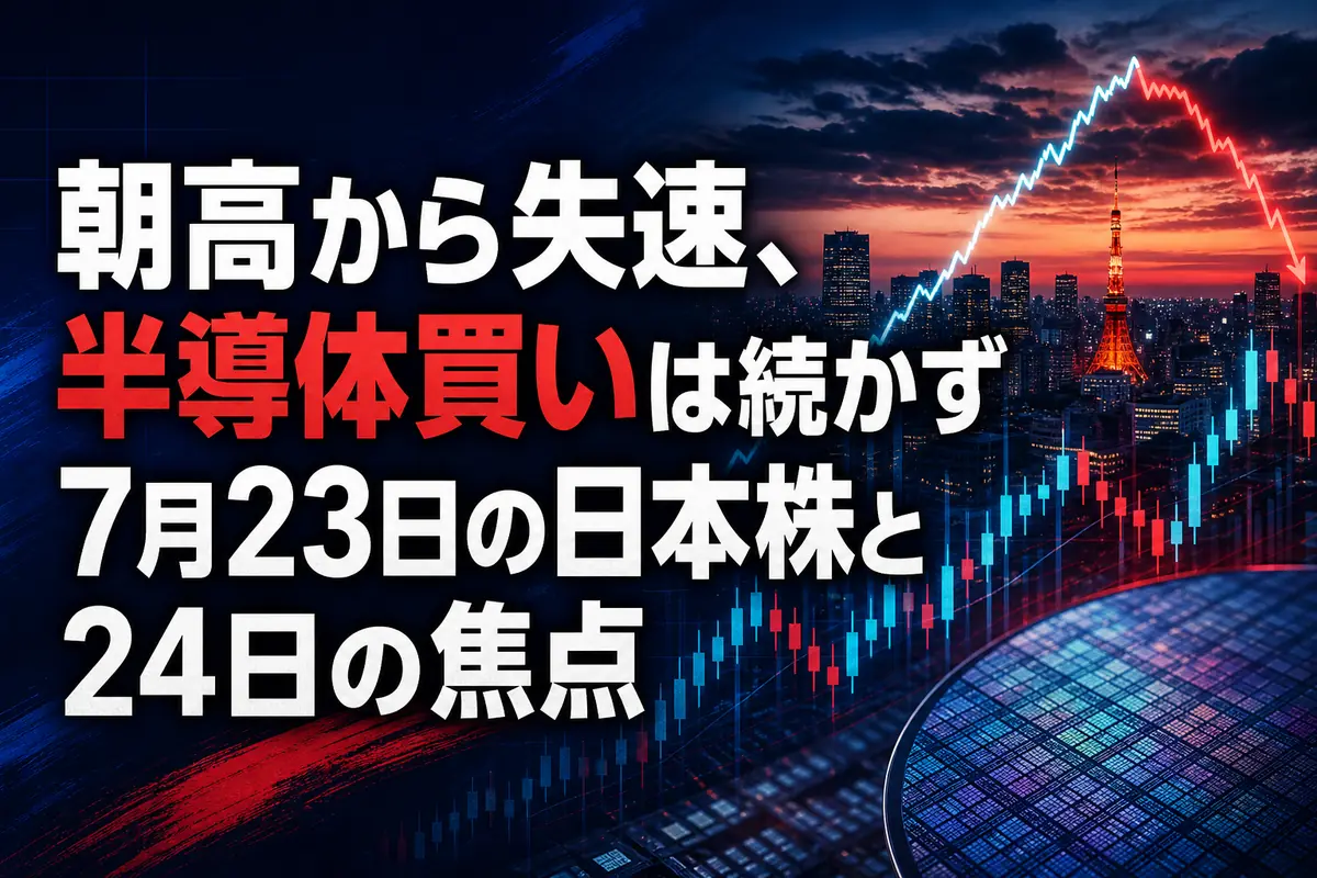 朝高後に失速した日本株市場を表す株価チャートと東京の金融街。