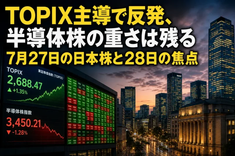 東京市場の反発と半導体株の重さを表現した金融街のイメージ。
