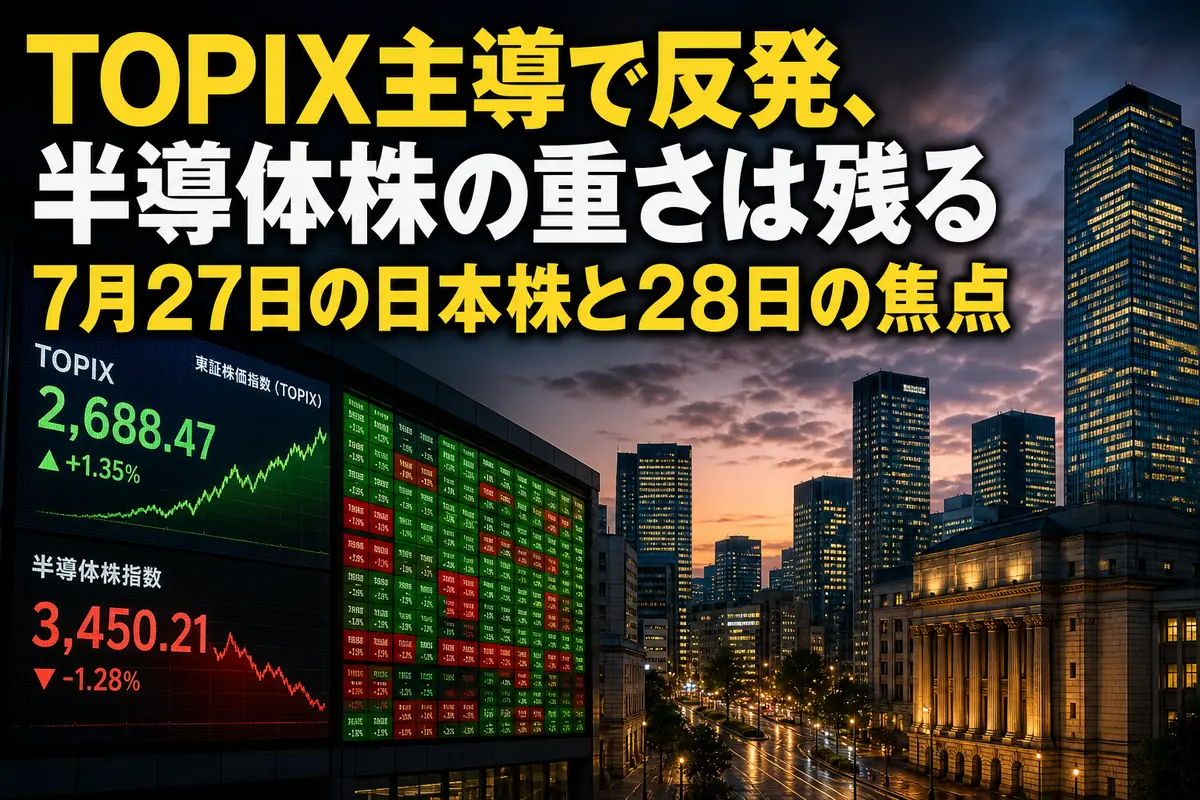 東京市場の反発と半導体株の重さを表現した金融街のイメージ。
