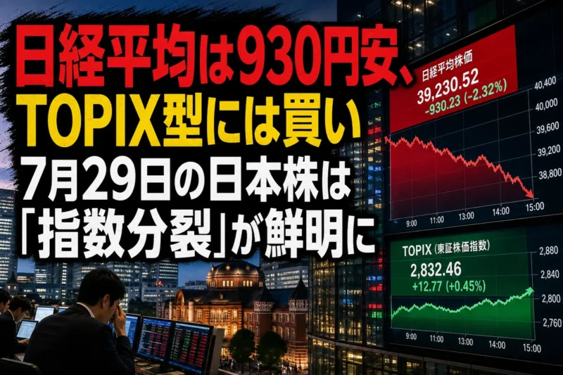 日経平均の下落とTOPIX型の底堅さが交錯した東京市場のイメージ。
