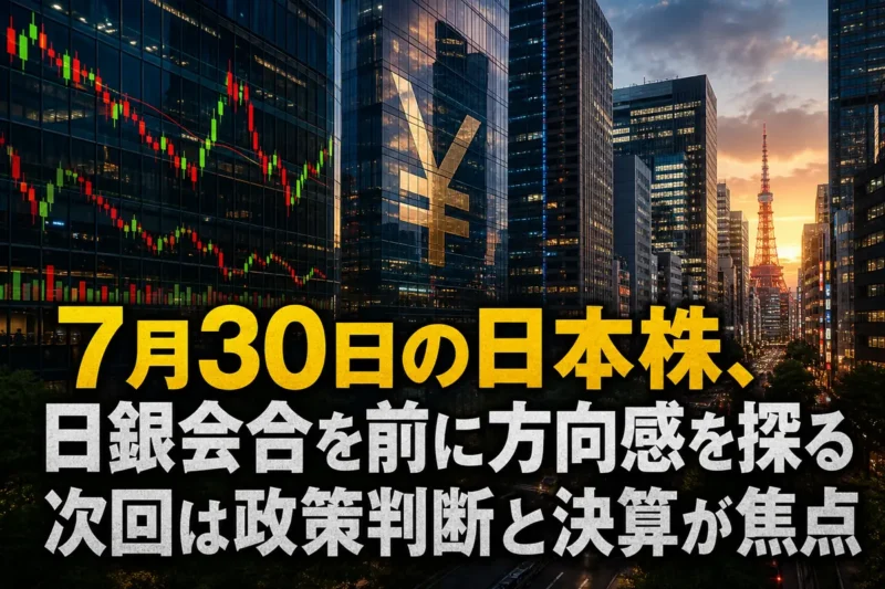 東京市場の大引けと株価チャートを表現した金融街のイメージ。