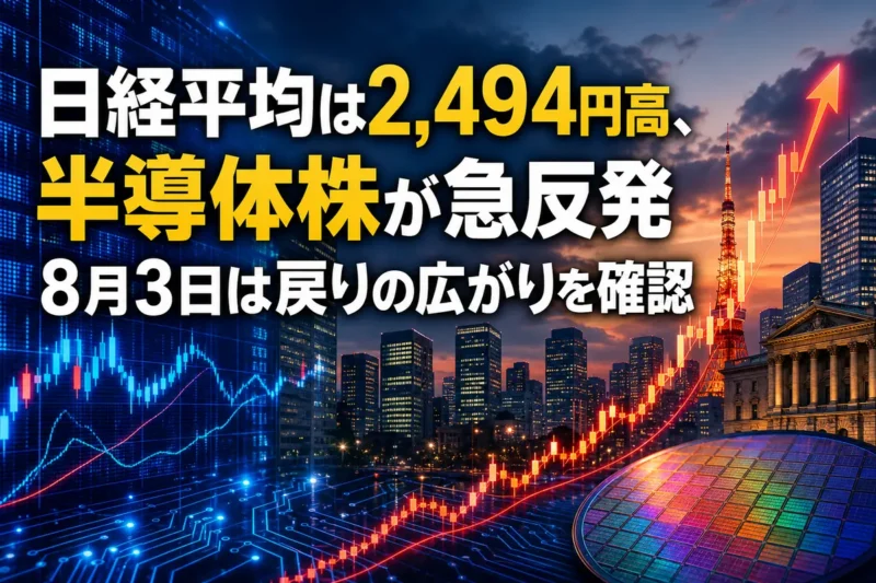 半導体株主導で急反発した東京株式市場を表す金融街と株価チャート。