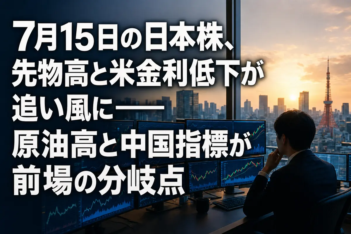 夜明け前の東京と市場チャートを映す取引デスク。