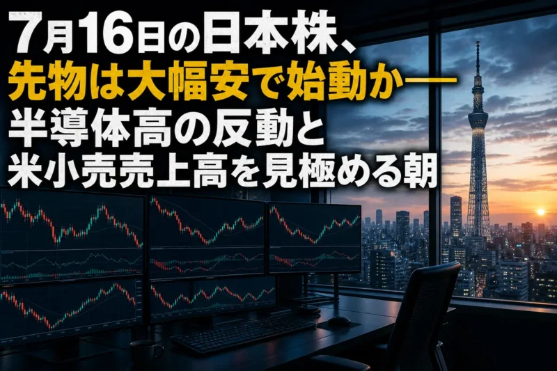 夜明け前の東京と市場データを映す取引画面。