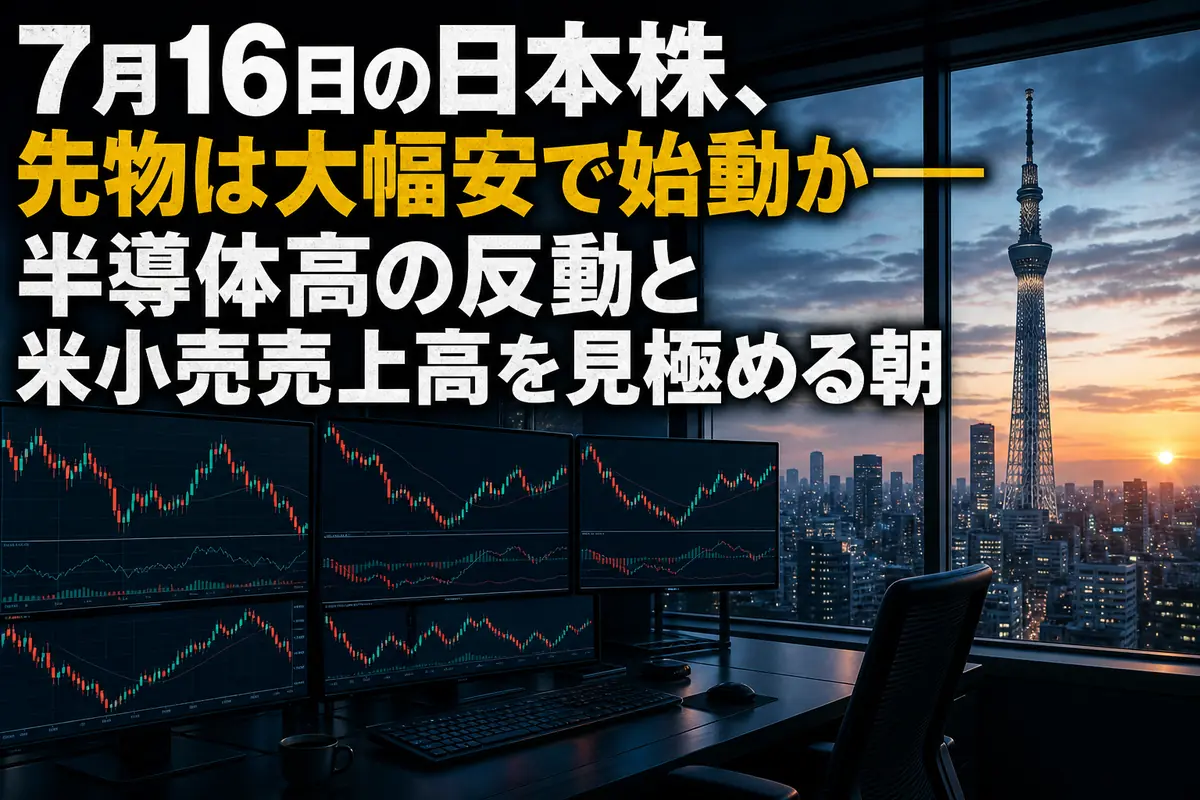 夜明け前の東京と市場データを映す取引画面。