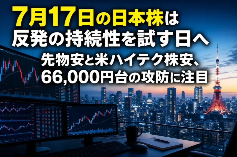 東京市場の寄り付き前をイメージした株価チャートと朝の都市風景。