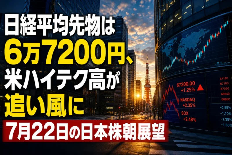 夜明けの東京金融街と寄り付き前の市場データ画面。