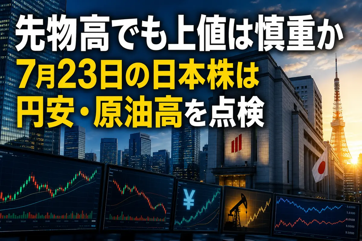 東京市場の寄り付き前に株価・為替・原油の動向を確認する市場画面。