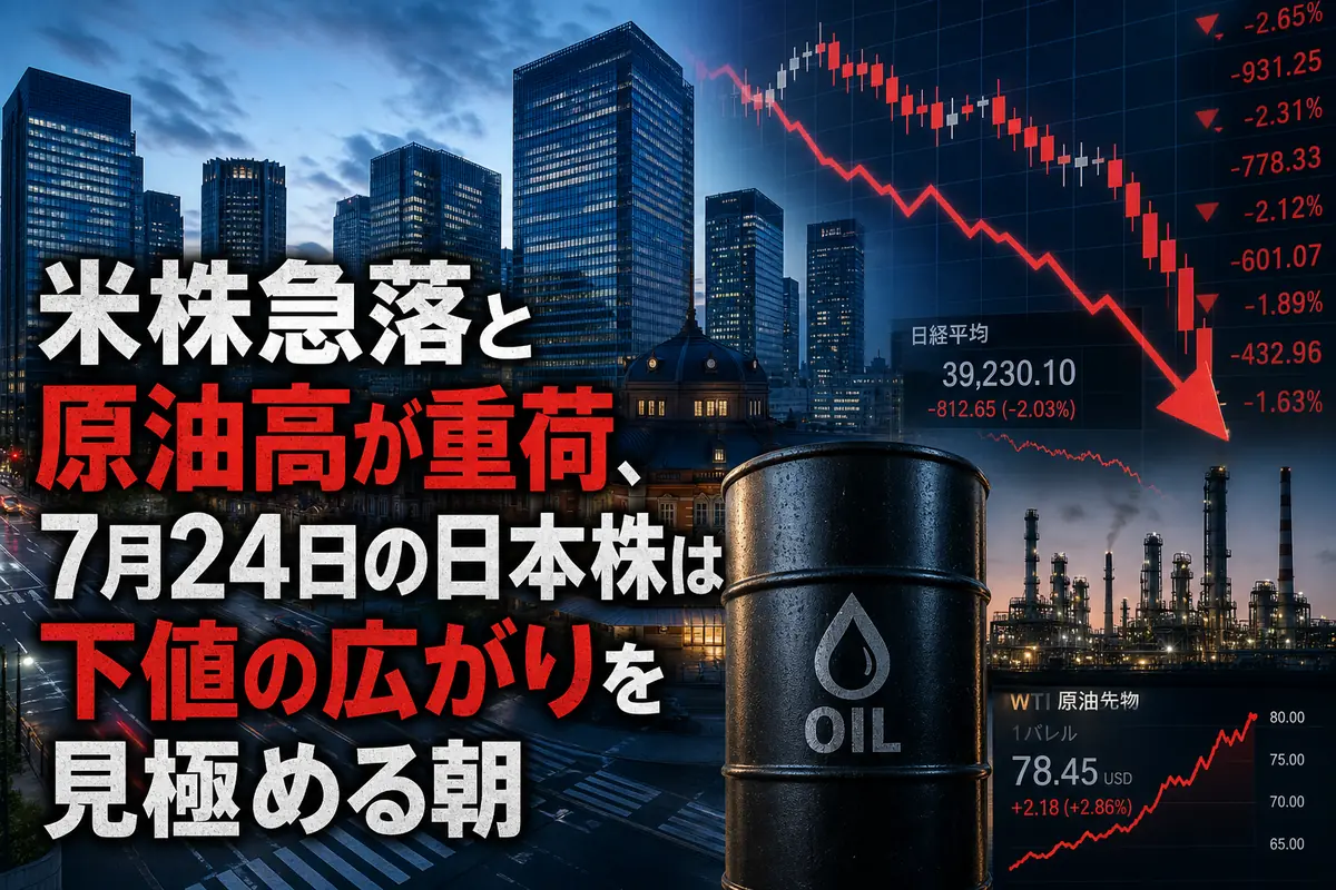 米株安と原油高を受けた東京市場の朝を表す金融街のイメージ。