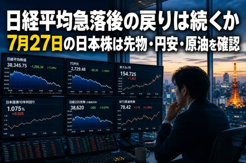 夜明けの東京で日本株の市場データを確認する取引画面。