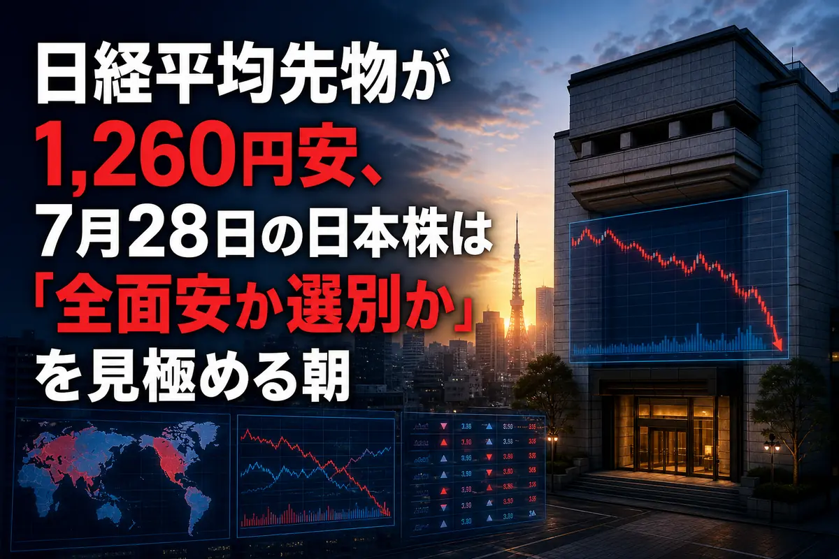 東京市場の寄り付き前に先物と海外指標を確認する市場イメージ。