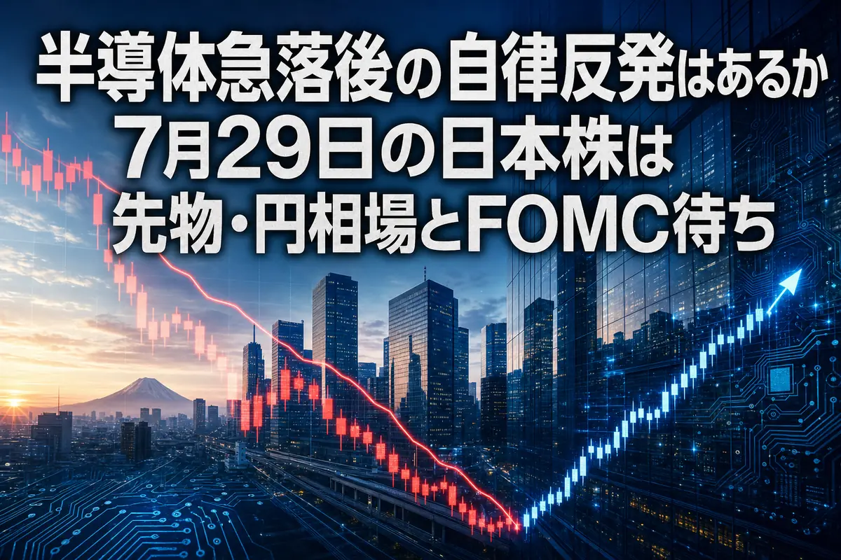 東京市場の急落後の反発と外部環境を示す朝の金融街イメージ。