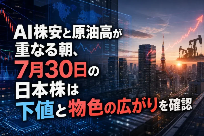 東京市場の寄り付きを前に株価、半導体、原油の動向を示すイメージ。
