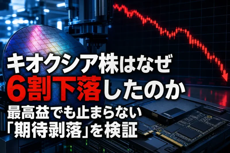 半導体メモリーを背景にキオクシア株の急落を表現したイメージ。