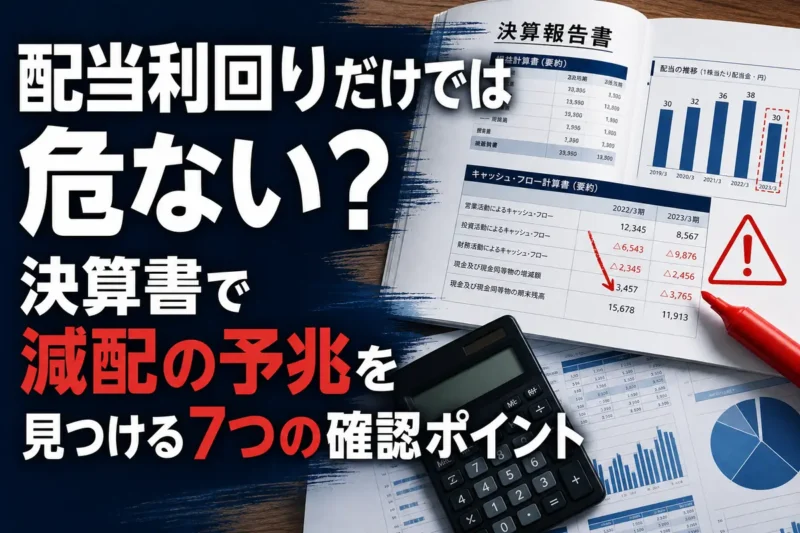 決算書とキャッシュフローを確認して減配リスクを分析する場面。