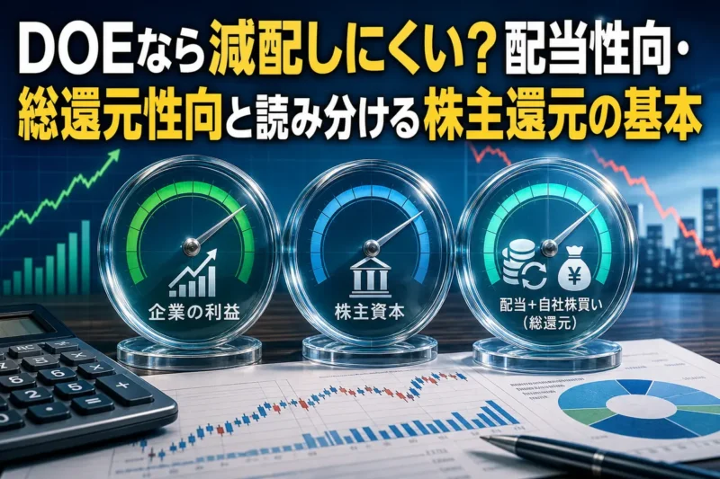 利益・株主資本・配当と自社株買いの違いを3つの指標で比較するイメージ。