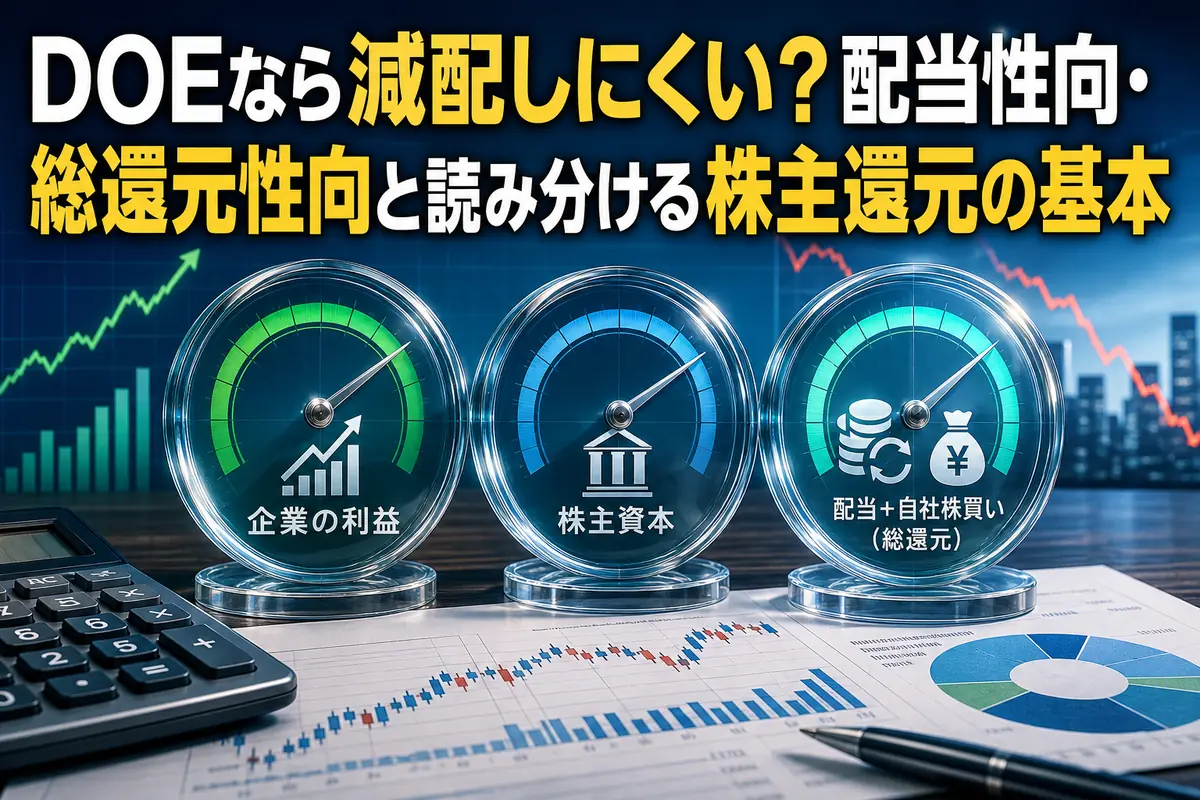 利益・株主資本・配当と自社株買いの違いを3つの指標で比較するイメージ。