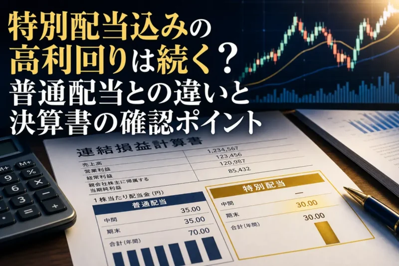 決算資料で普通配当と特別配当の内訳を確認するイメージ。