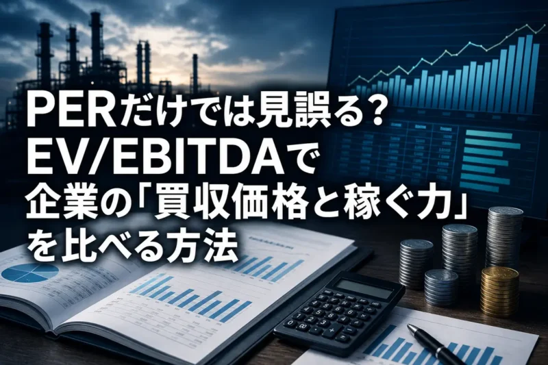 決算資料と電卓を使って企業価値と利益を分析するイメージ。
