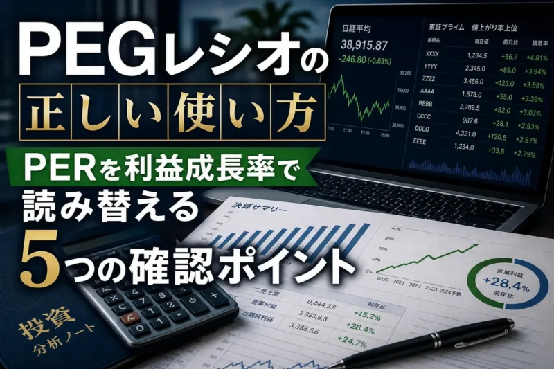 決算資料と成長グラフを使ってPEGレシオを分析するデスク。