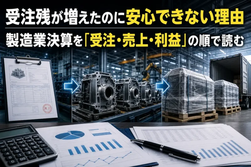 工場の受注から製品出荷までの流れを決算資料とともに示したイメージ。