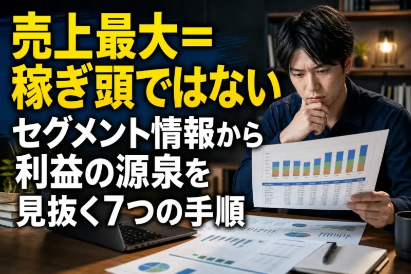 企業のセグメント別業績を資料とグラフで分析する様子。