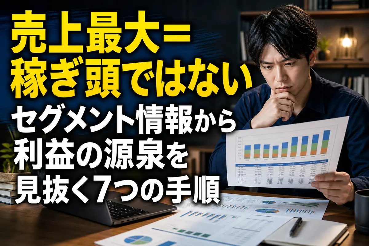 企業のセグメント別業績を資料とグラフで分析する様子。