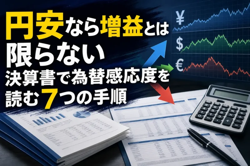 決算資料と為替チャートを使って企業利益への影響を分析する様子。