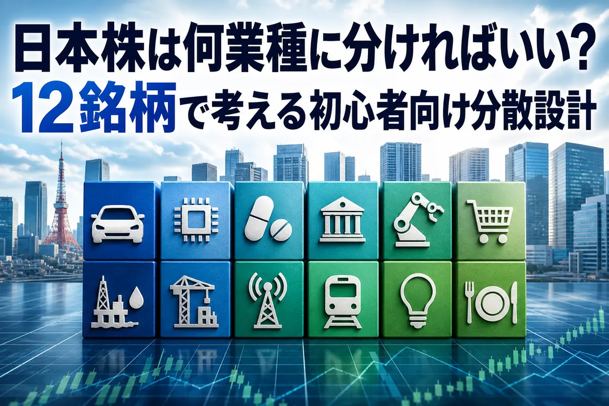 日本株12銘柄を6つの業種領域へ分散する構成を表したイメージ。