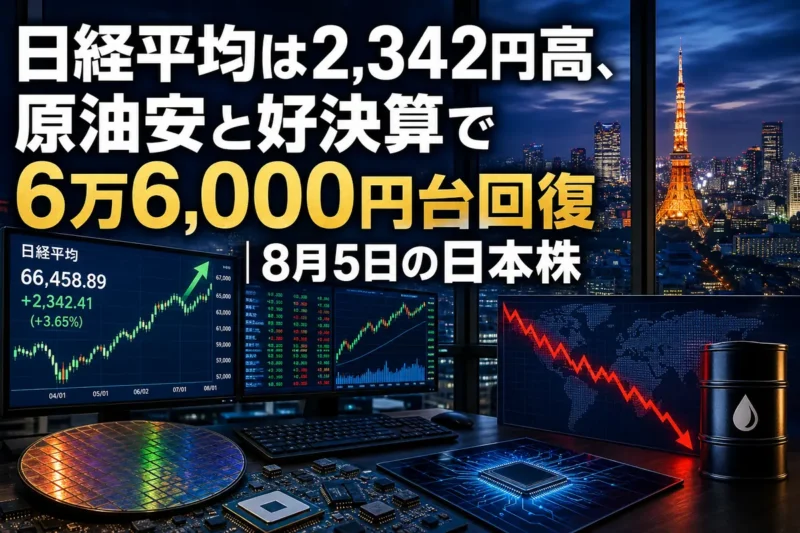 上昇する日本株と原油安を表現した東京市場のイメージ。