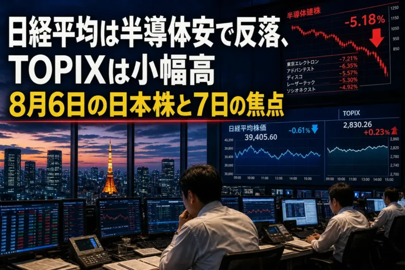半導体株安と底堅い市場全体の対照を示す東京市場のイメージ。