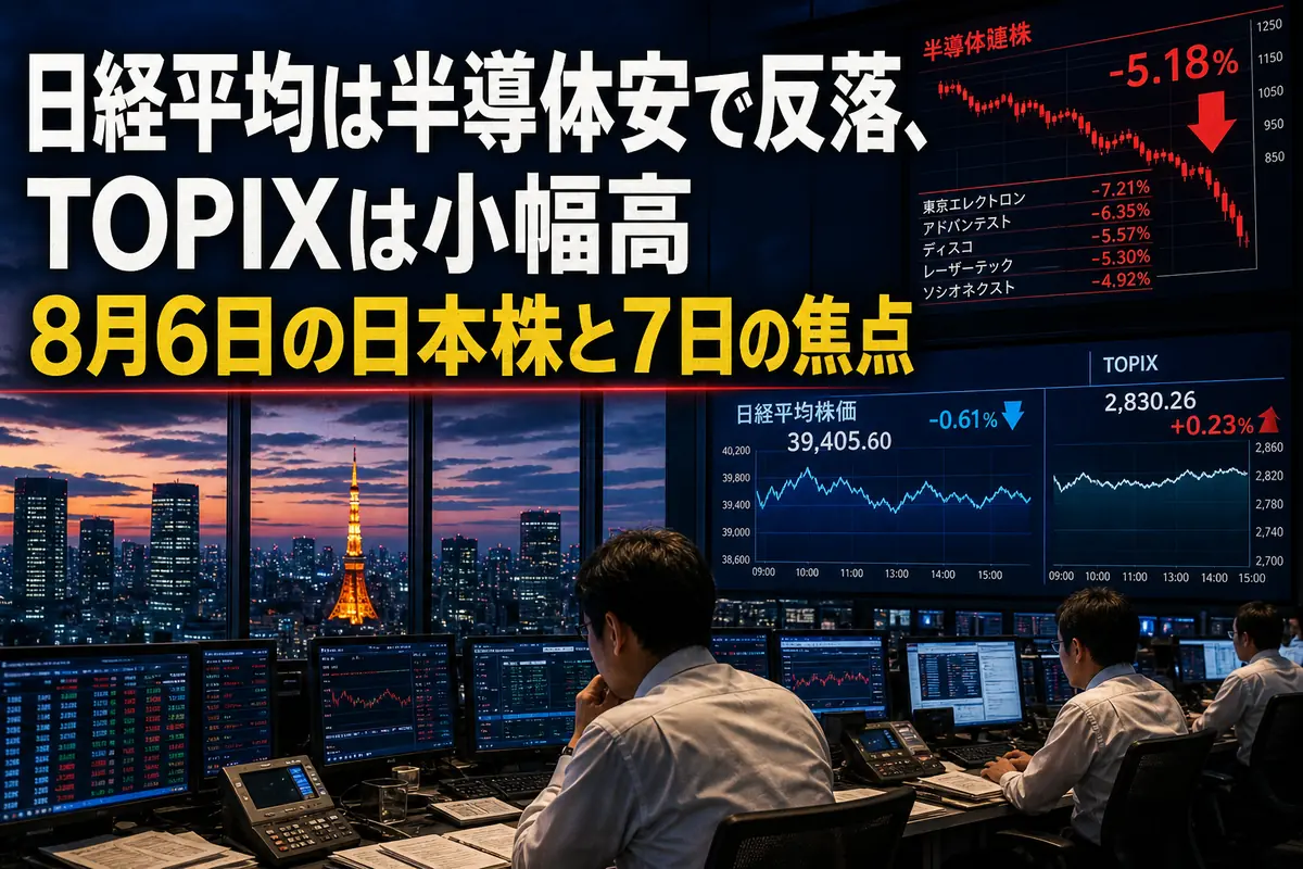 半導体株安と底堅い市場全体の対照を示す東京市場のイメージ。