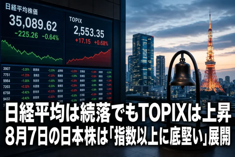 日経平均とTOPIXが異なる方向に動いた東京市場を表すイメージ。