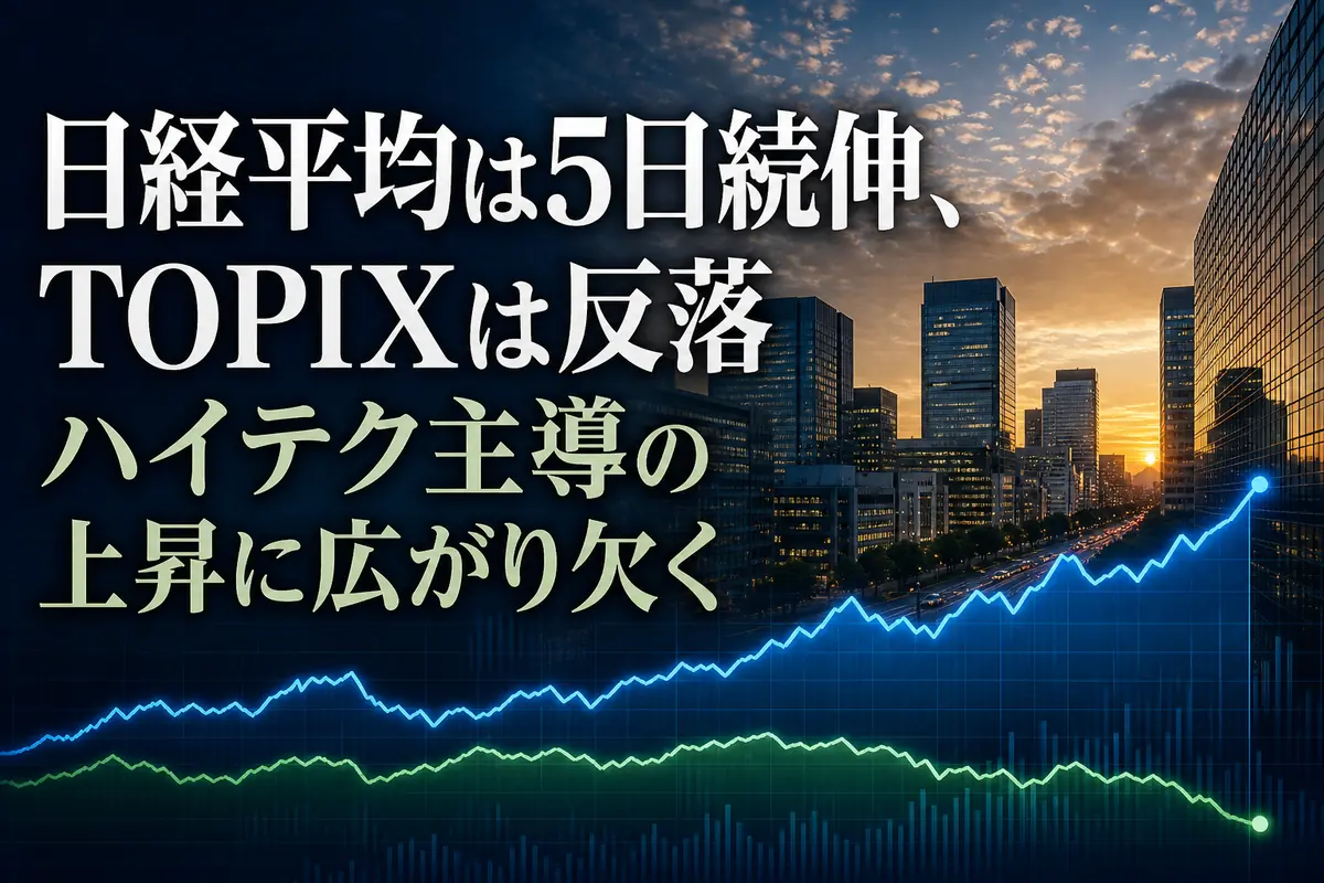 大引け後の東京金融街と方向の分かれた株価指数を表すイメージ。