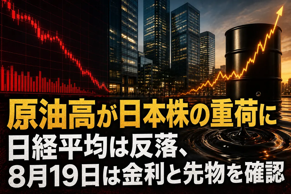 原油高を背景に下落する日本株市場を表したイメージ。