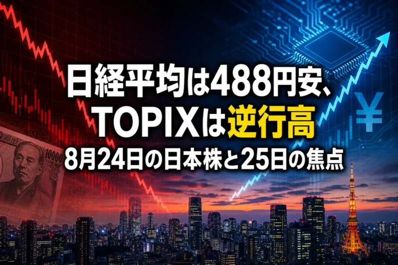 日経平均の下落とTOPIXの上昇が交差する日本株市場のイメージ。
