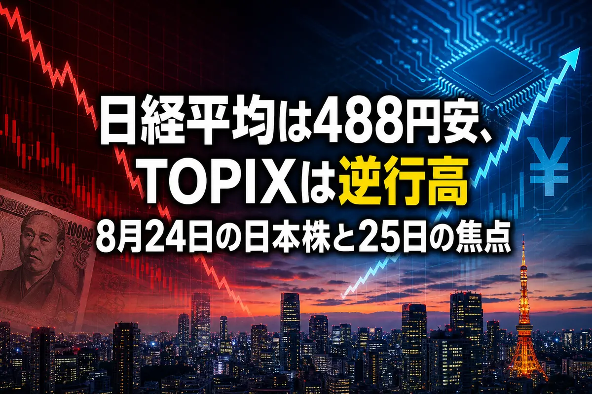 日経平均の下落とTOPIXの上昇が交差する日本株市場のイメージ。