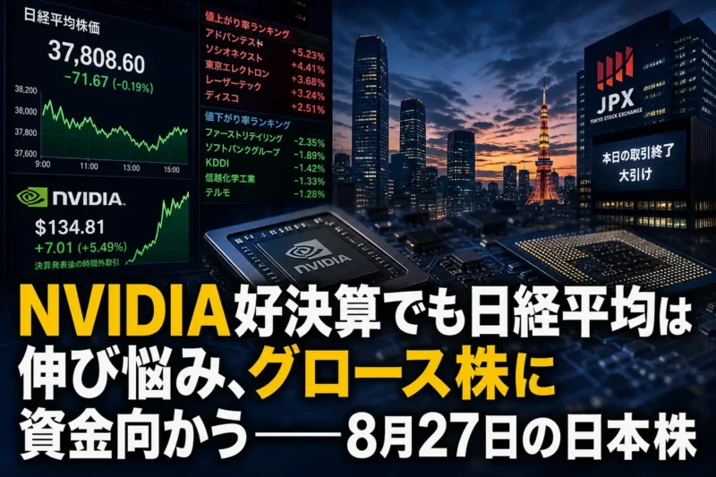 半導体株と主要指数の明暗が分かれた東京株式市場を表すイメージ。