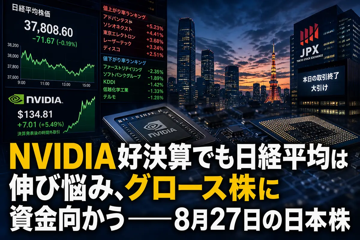 半導体株と主要指数の明暗が分かれた東京株式市場を表すイメージ。