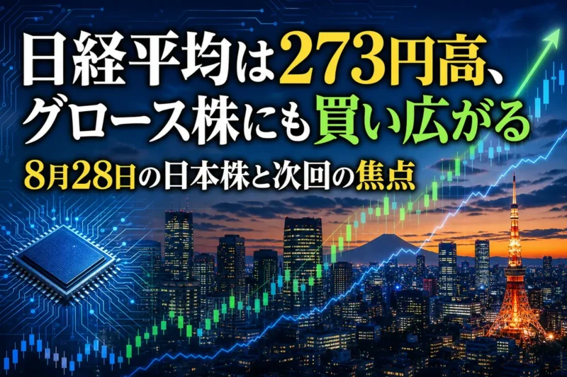 上昇する日本株指数と東京の街並みを表した市場イメージ。