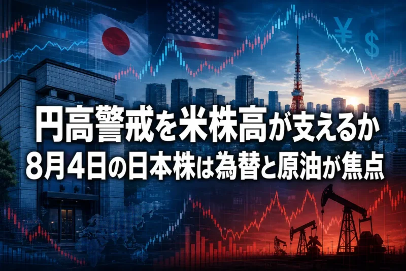 東京の朝景を背景に株価・為替・原油の動きを表した市場イメージ。