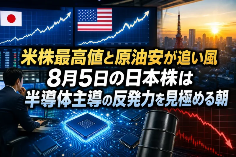 米株高や原油安を手掛かりに東京市場の寄り付きを分析するイメージ。