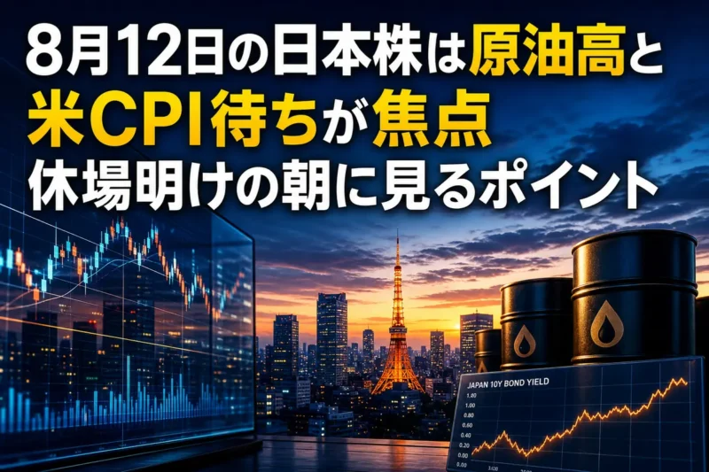 休場明けの日本株市場を示す東京の朝景色と市場データ画面。