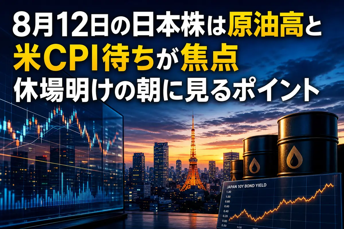 休場明けの日本株市場を示す東京の朝景色と市場データ画面。