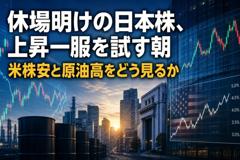 休場明けの東京市場を前に株価・金利・原油動向を確認するイメージ。