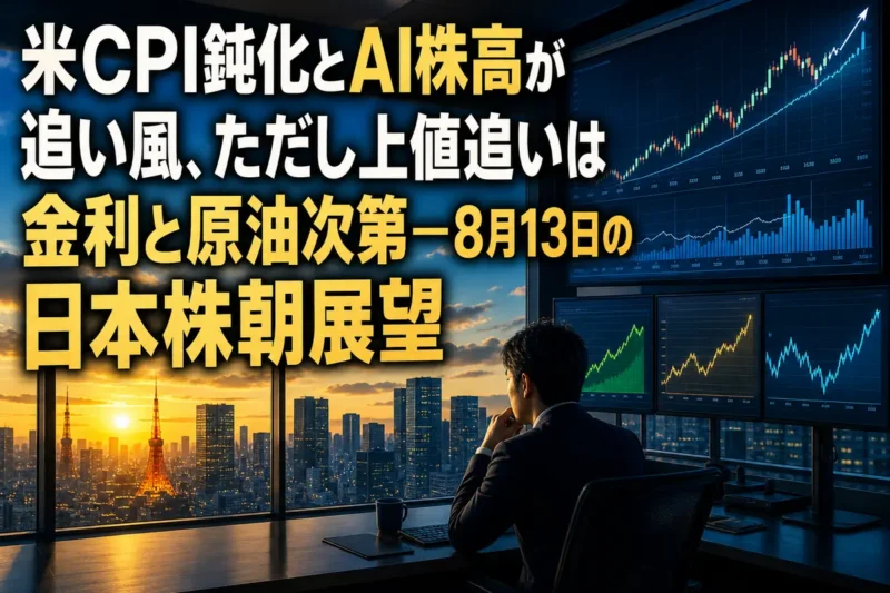 朝焼けの東京市場を背景に株価・金利・原油の動きを示す画面。